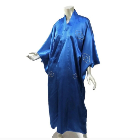 Vtg Cobalt Blue Satin Sea Serpent Landscape Embroidered‎ Kimono Fully Lined - Picture 5 of 12